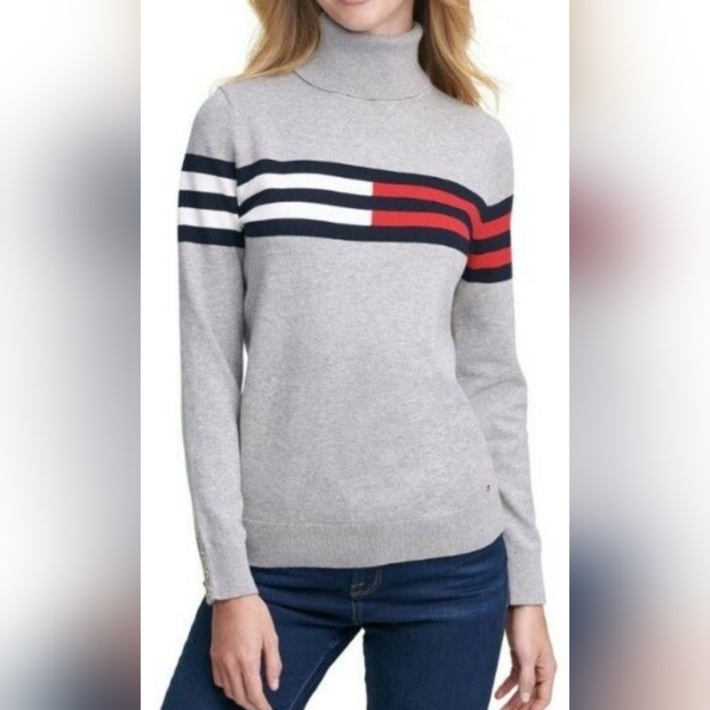 Tommy Hilfiger Women's Turtleneck Sweater Cotton Blend Colorblock Heather Medium